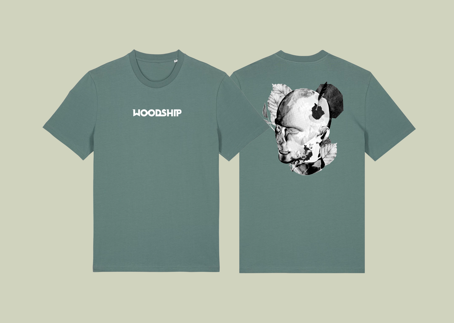 Das T-Shirt zur Transciency EP in grün. Aufdruck vorne ist das Woodship Logo in weiß. Aufdruck hinten ist der Glaskopf, der auch das Cover der EP ziert in schwarz/weiß.